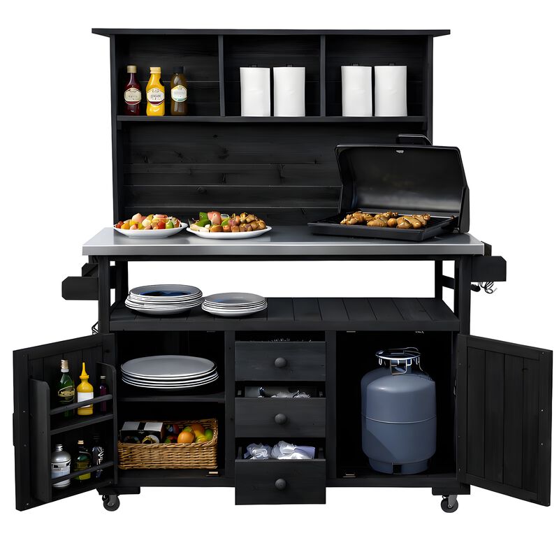 Whisen 65" Solid Wood Garden Potting Table with 3 Drawers & Doors, Stainless Top image number 7