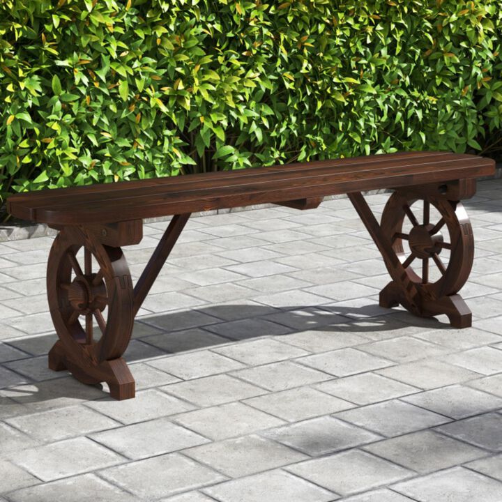 Hivvago Patio Rustic Wood Bench with Wagon Wheel Base