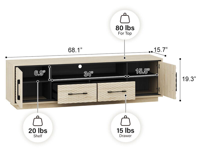 BELLEZE 68" Embossed TV Stand For Tv Up to 75", Mid Century Modern Entertainment Center with Storage & 2 Drawers, Media Console Cabinet for Living Room (White Lotus)