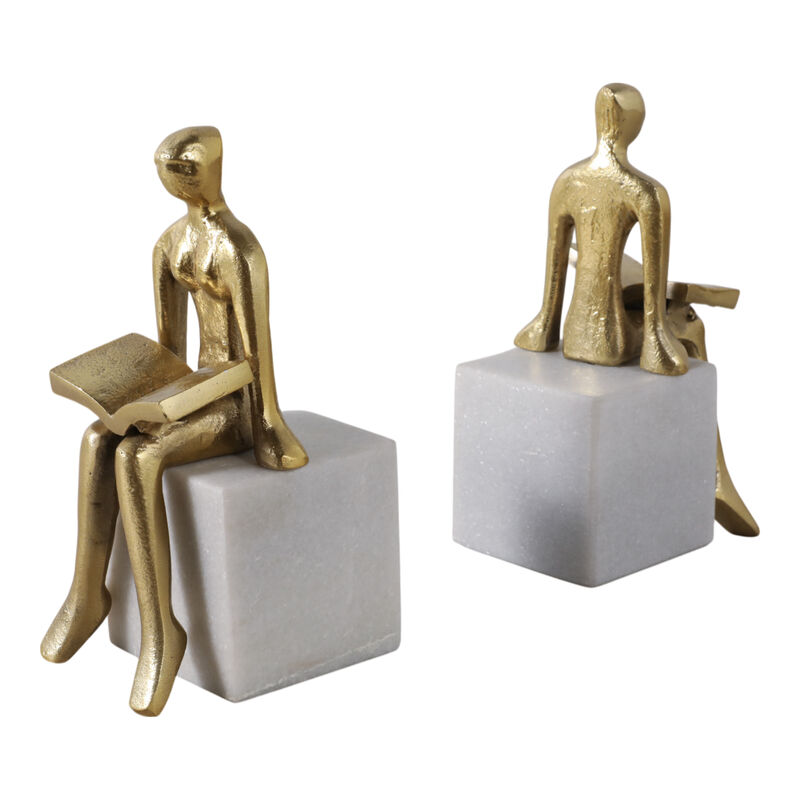 S/2 8" Reading On Marble Stand Bookends, Gold/whit image number 2