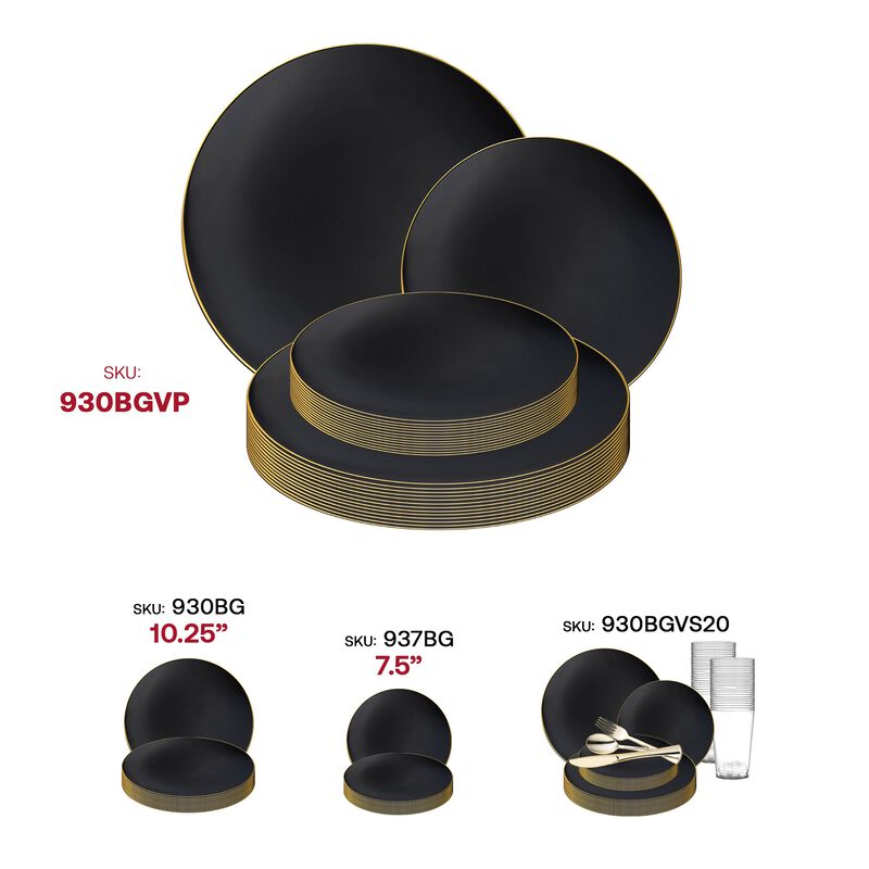 Black with Gold Rim Organic Round Plastic Dinnerware Value Set (40 Sets) image number 6