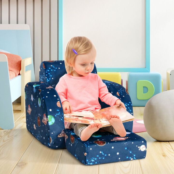 3-in-1 Convertible Kid Sofa Bed Flip-Out Chair Lounger for Toddler - Blue Outer Space