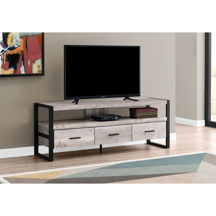 Monarch Specialties I 2822 Tv Stand, 60 Inch, Console, Media Entertainment Center, Storage Drawers, Living Room, Bedroom, Metal, Laminate, Beige, Black, Contemporary, Modern