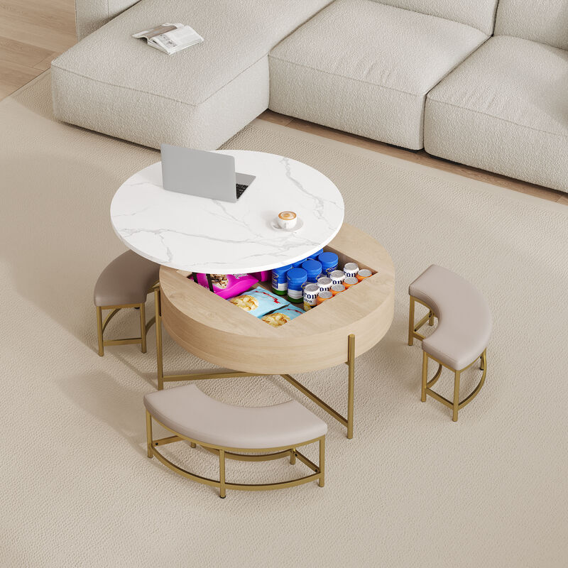 Merax Modern Round Lift-Top Coffee Table with Storage & 3 Ottomans - Multifunctional Cocktail Ottoman Set for Living Room