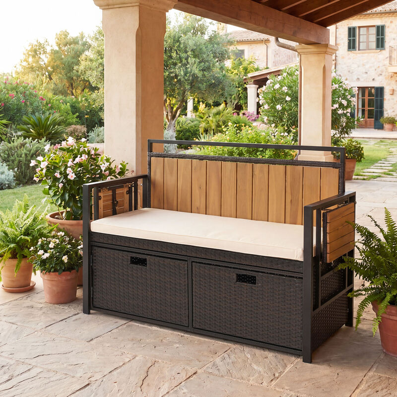 2-Person Outdoor Storage Bench with Side Tables for Patio and Garden image number 1