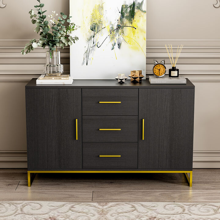 Black Storage Accent Cabinets with 3-Drawers and 2-Cabinets, Metal Legs Cupboard Floor-Standing Sideboard