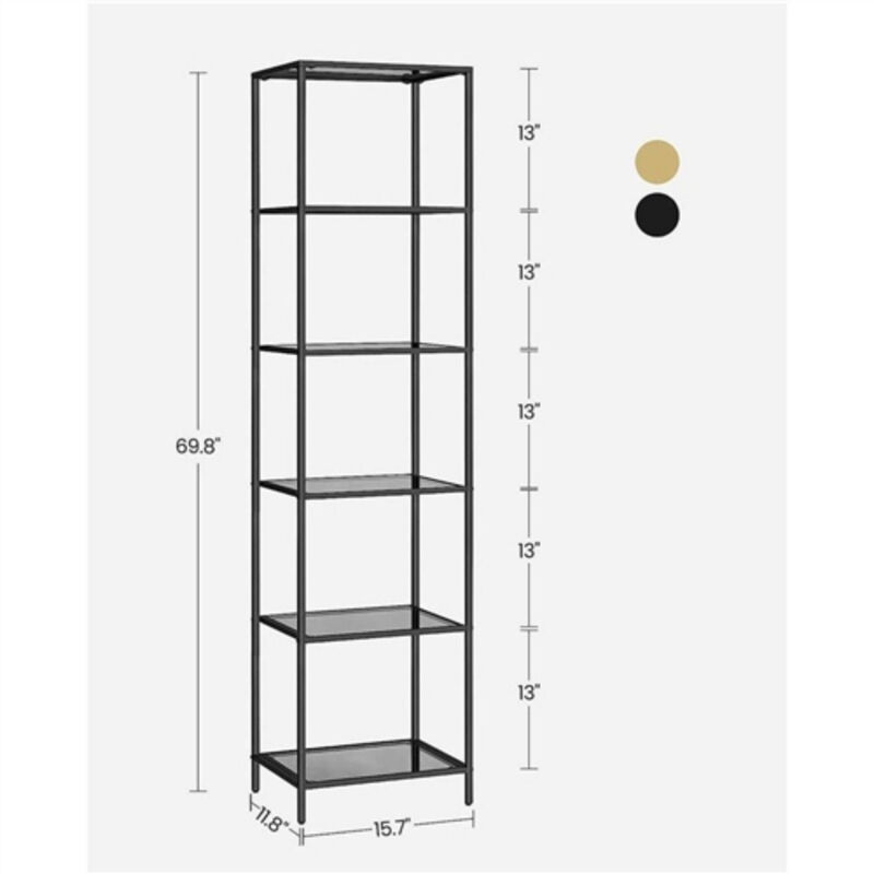 Narrow Glass Shelves Bookcase 5-Shelf Shelving Unit with Metal Frame