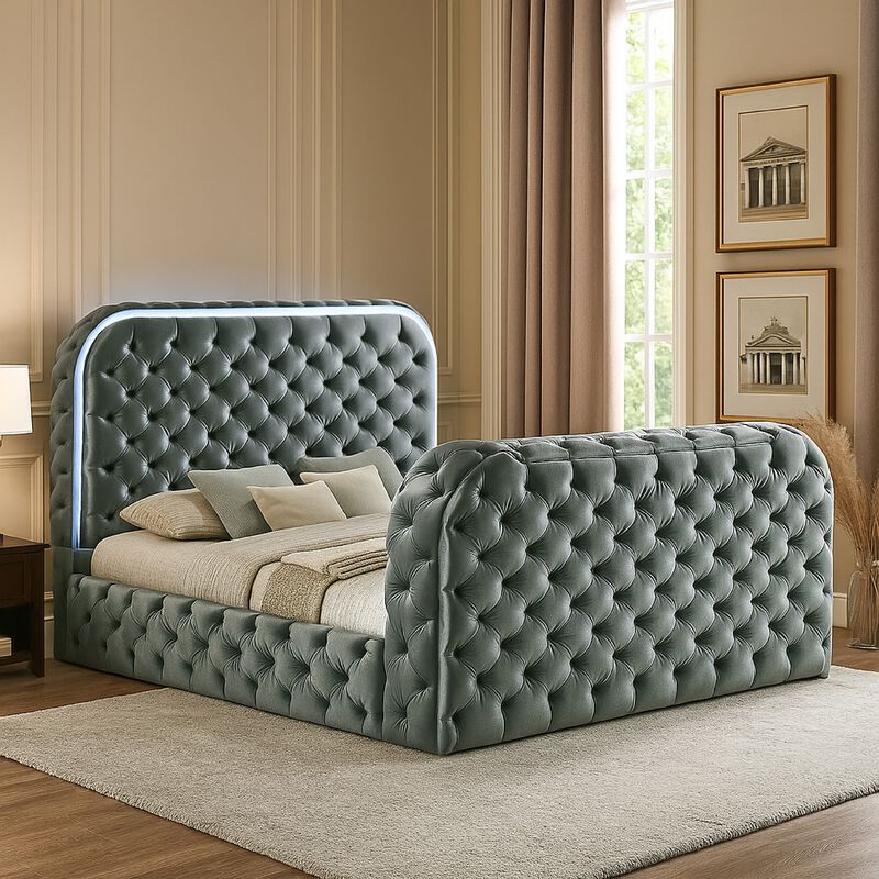 Kerie King Bed with LED Fireplace, Hidden Lift TV Stand, Gray Velvet - Benzara