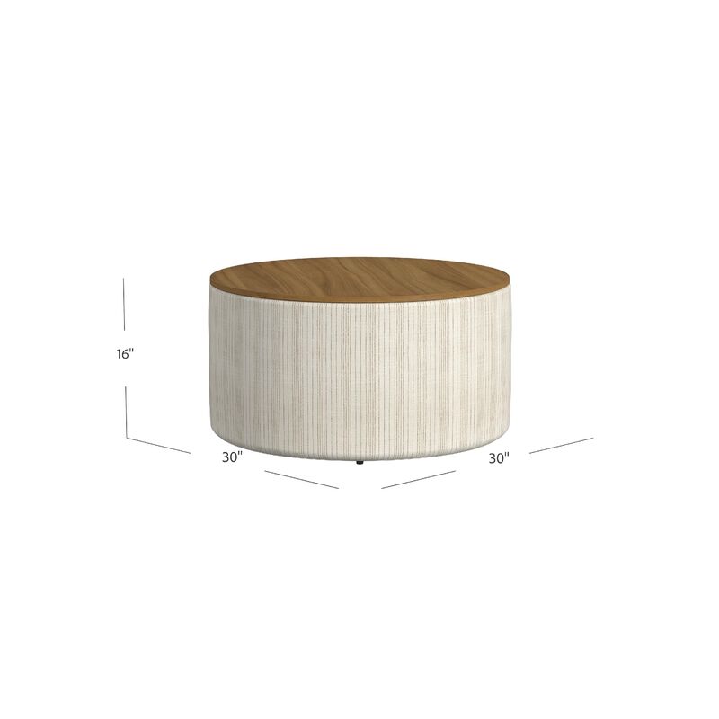 Jena Storage Ottoman, 30 Inch Round Lift Tray Top, Ivory Pinstripes