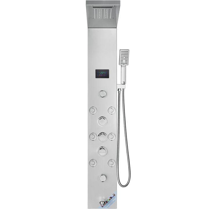 LED Hydro Shower Panel with 6 Modes, 8 Massage Jets, Tub Spout, Handheld Shower-Silver
