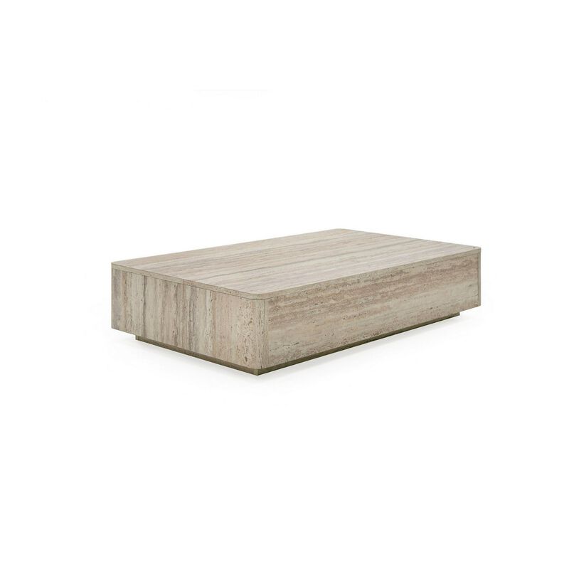 Lia 55 Inch Coffee Table, Rectangular Travertine Stone Finish Laminated Top image number 1