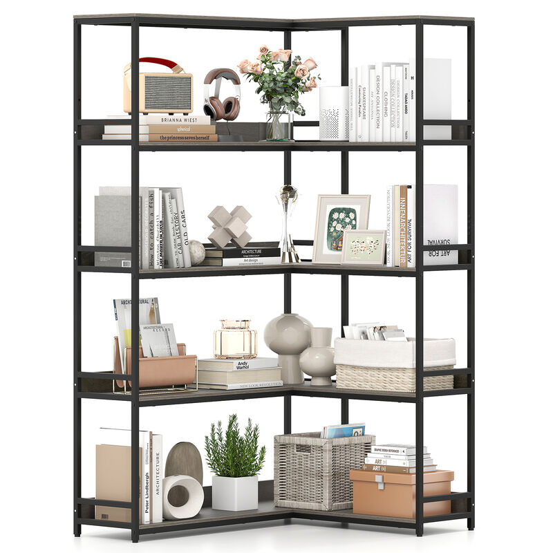 5-Tier L-Shaped Corner Bookshelf with Metal Frame, Space-Saving Etagere Design