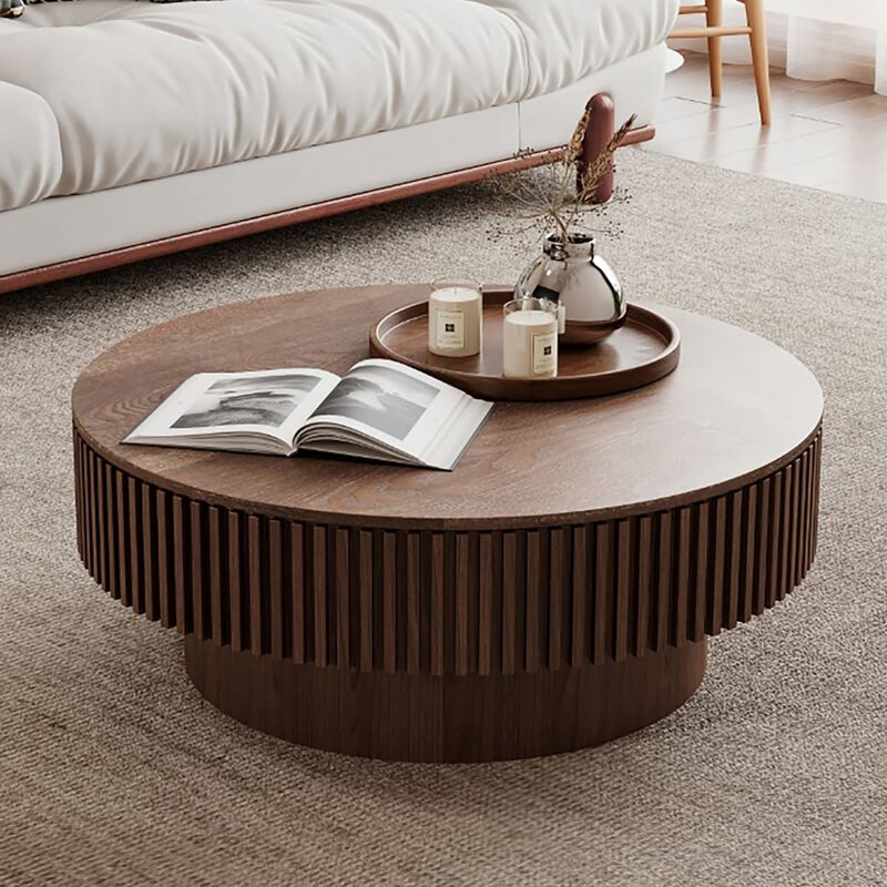 Round coffee table with storage Solid wood veneer and MDF coffee table with fluted base Modern accent coffee table for small spaces image number 1