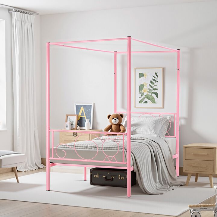 Twin Size Metal Canopy Bed Frame with Headboard, Heavy Duty Steel Slats - Pink