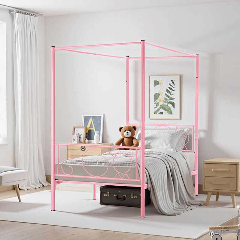 Twin Size Metal Canopy Bed Frame with Headboard, Heavy Duty Steel Slats - Pink image number 1