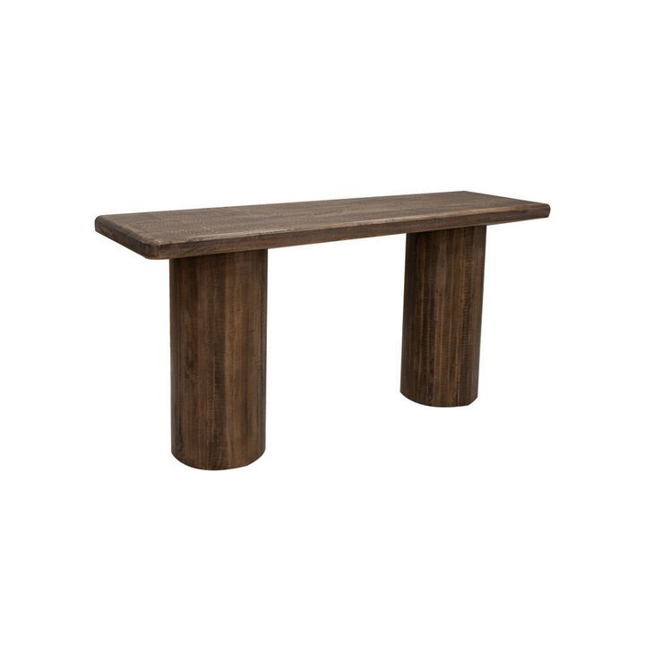 Ino 55 Inch Sofa Console Table, Mango Wood, Round Pedestal Stand, Brown-Benzara