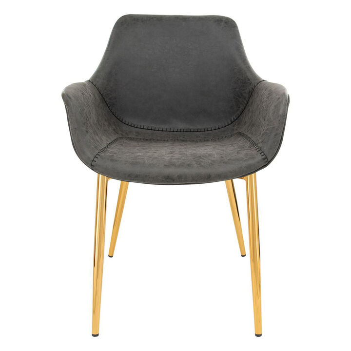 LeisureMod Markley Modern Leather Dining Arm Chair With Gold Metal Legs Set of 2 - Charcoal Black