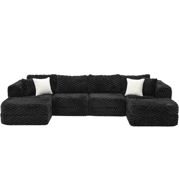 Merax Modular U-Shape Bubble Velvet Sofa Configurable Design with Movable Ottomans & Colorful Cushions