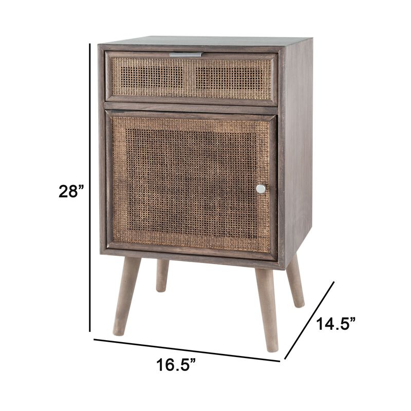 Pia 28 Inch Accent Cabinet, 1 Drawer, Pine Wood, Woven Rattan Door, Brown - Benzara