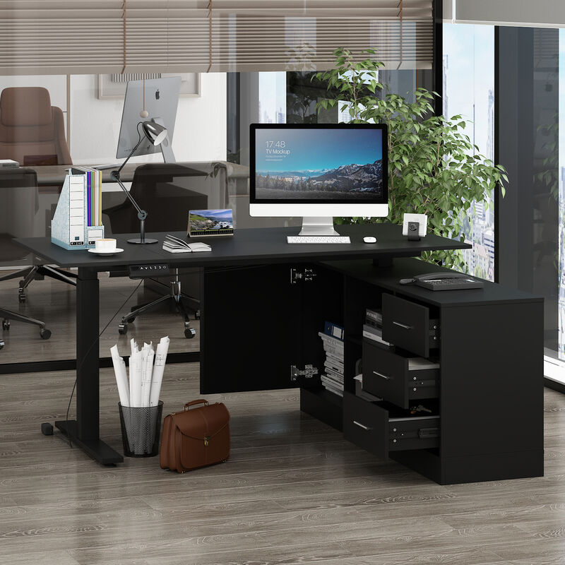 FUFU&GAGA 63-in White Modern/Contemporary L-shaped Desk Hutch Included  (63" W x 31.5" D x 29.1" H) ,Black