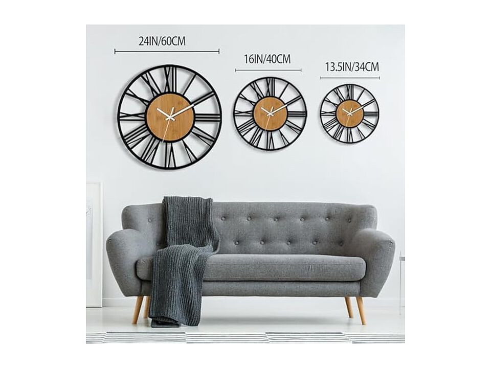 Vintage Black Metal Wood Cafe Wall Clock 13 Inch Silent Non Ticking Outdoor