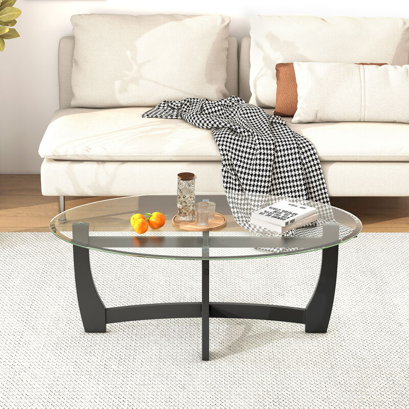 Oval Coffee Table with Tempered Glass Tabletop and Rubber Wood Legs