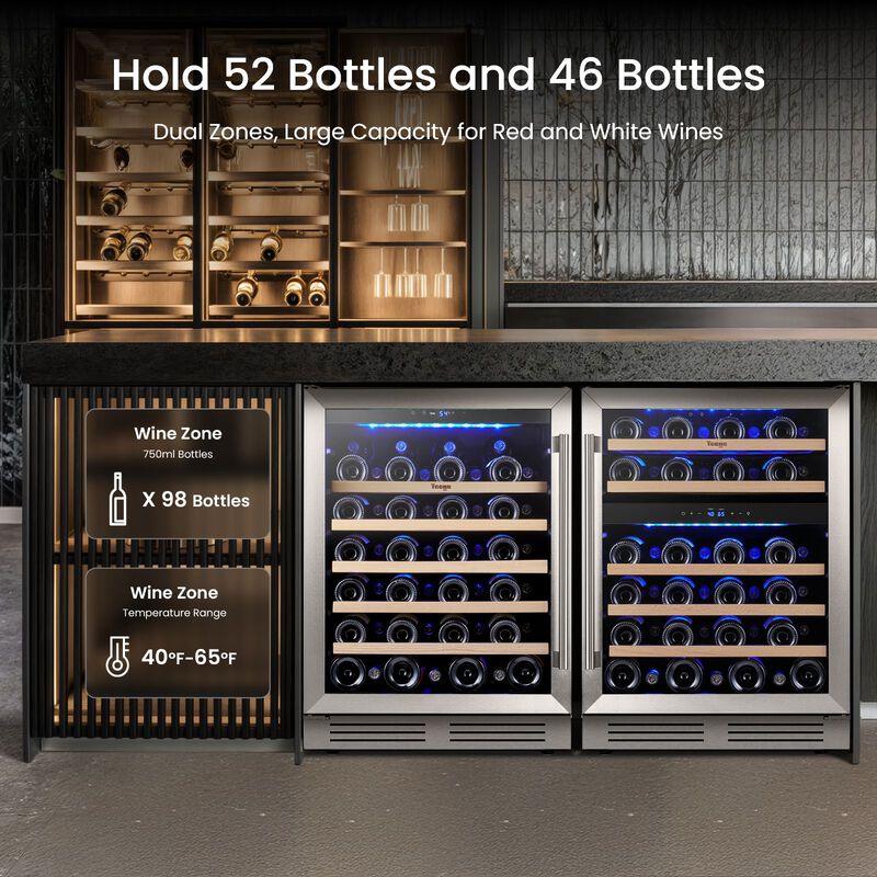 48 inch Wine Refrigerator cooler, Two 24'' Dual Zone Wine Cooler Fridge, Hold 98 Standard 750ml Wine Bottles Built-in image number 6