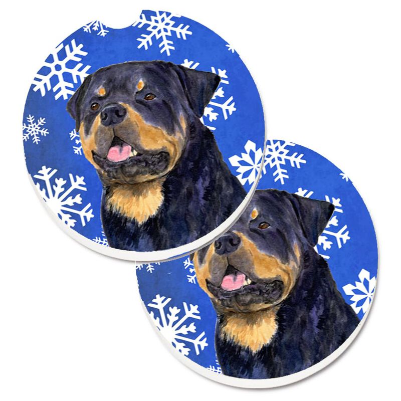 Caroline's Treasures Rottweiler Winter Snowflakes Holiday Set of 2 Cup Holder Car Coasters SS4662CARC, 2.56, Multicolor