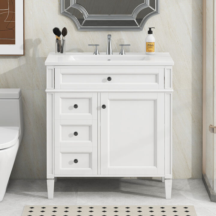 30-Inch Modern Bathroom Vanity with Tip-Out Drawer and Single Sink,white