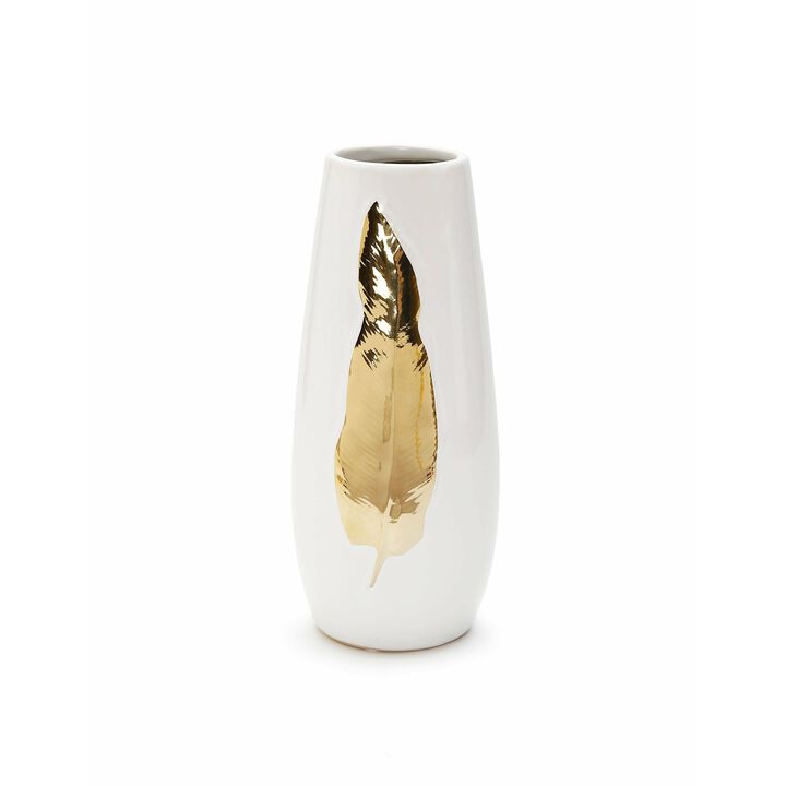 White Ceramic Tall Vase Gold Leaf Design - Medium