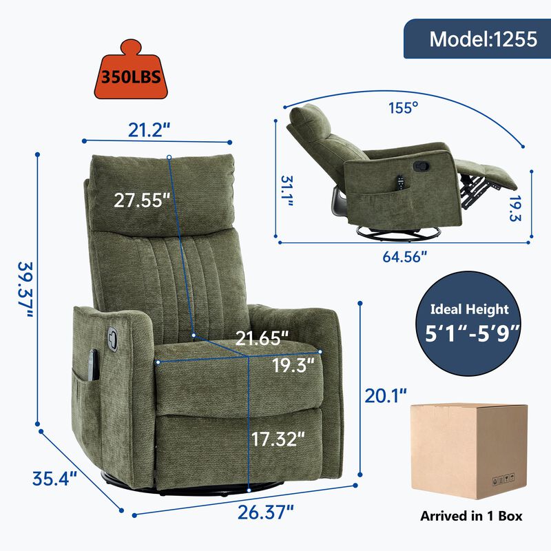 Chenille Manual Recliner Chair with Heat and Massage, Living Room Rocker and Swivel Chair image number 2
