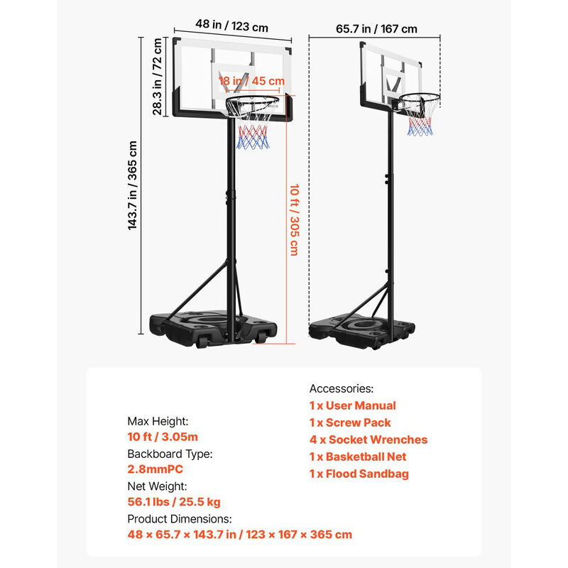 Portable Basketball Goal System with Adjustable Height, PC Backboard and Rolling Base-Black image number 2