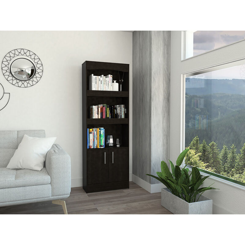 Simma Bookcase, Metal Hardware, Three Shelves, Double Door Cabinet -Black