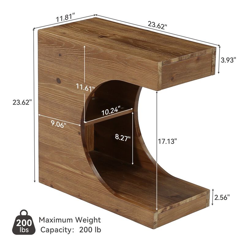 Modern C-Shaped Solid Wood Side Table with 2-Tier Storage, Nightstand image number 2