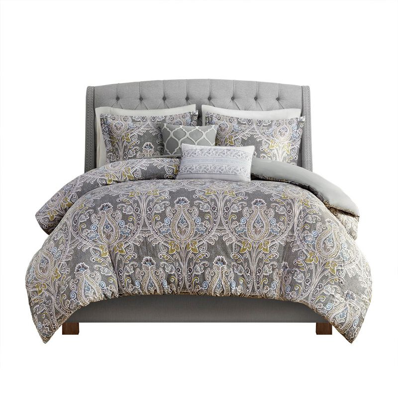 Gracie Mills Brant Damask 5-Piece Cotton Duvet Cover Set