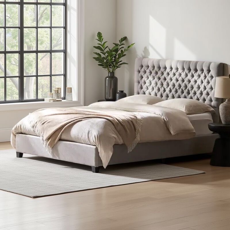 Amare Platform Queen Size Bed, Button Tufted Light Gray Polyester - Benzara