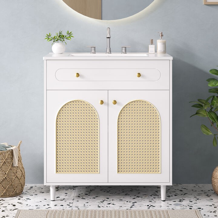 ELEMENT ACE 30 Inch Bathroom Vanity with Integrated Ceramic Sink, Sturdy Solid Wood Frame Storage Cabinet with Adjustable Shelf, Tip-Out Drawer and Rattan Front Panels