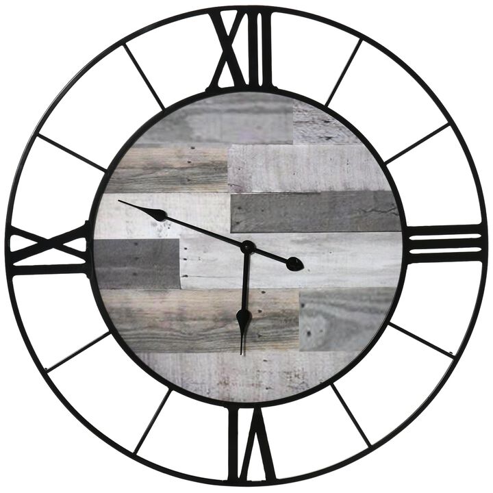 32 Inch Large Wall Clock, Silent Non Ticking Metal Farmhouse Roman Numeral Clocks for Living Room Decor, Battery Operated, Black and Wood Grain