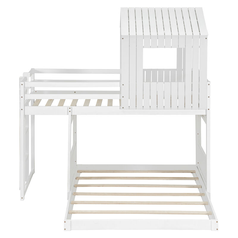 Merax Wooden Twin Over Full Bunk Bed with Playhouse Design