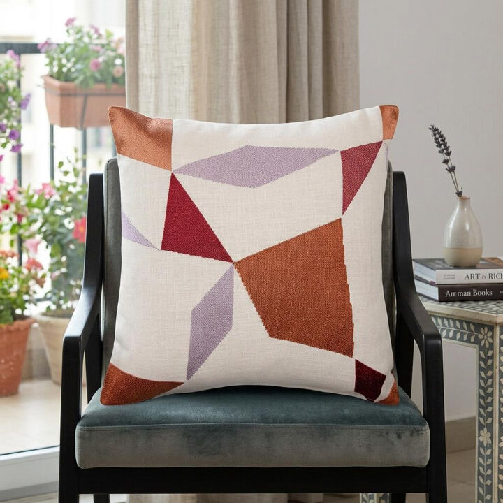 HomeRoots 24" Ivory Geometric Cotton Blend Throw Pillow With Embroidery
