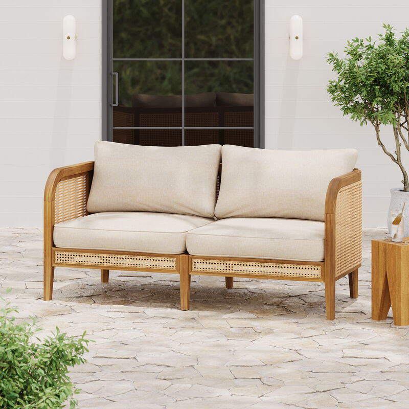 Christopher Knight Home Andrew 56" Patio Rustic Acacia Wood Upholstered Sofa with Rattan-Wrapped Frame