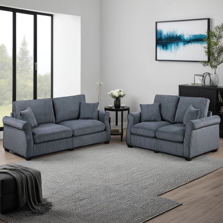 Jesica 2pc Loveseat n Sofa Set, 2 Pillows, Dark Gray Corduroy Fabric - Benzara