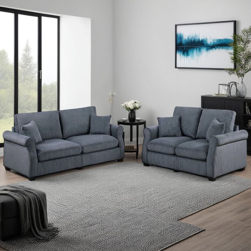 Jesica 2pc Loveseat n Sofa Set, 2 Pillows, Dark Gray Corduroy Fabric - Benzara