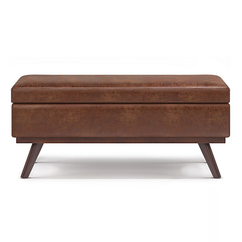 Owen Lift Top Large Coffee Table Storage Ottoman in Distressed Saddle Brown Faux Leather