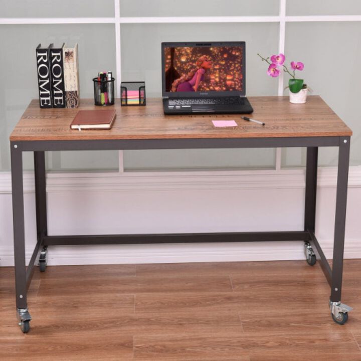 Wood Top Metal Frame Rolling Computer Desk Laptop Table