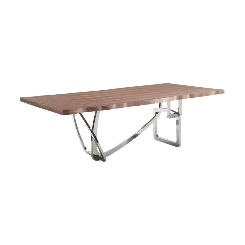 Ady Dining Table, 43x95 Walnut Top, Modern Chrome Steel Abstract Base - Benzara