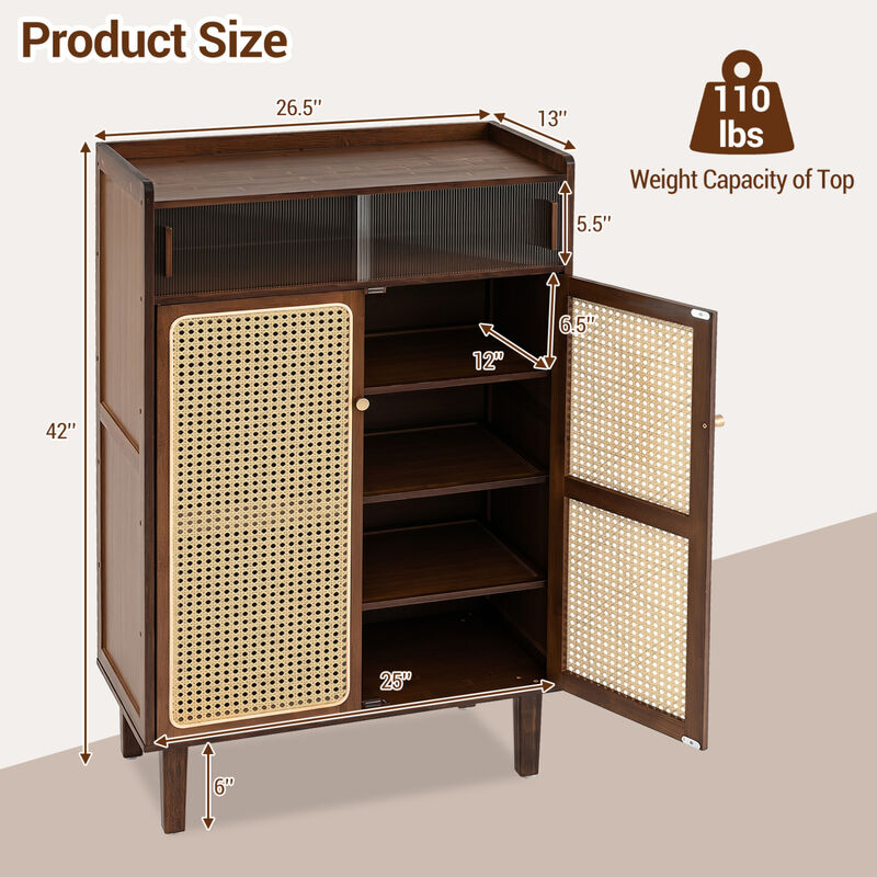 5-Tier Bamboo Shoe Cabinet with Woven Rattan Doors and Sliding Doors for Entryway image number 2