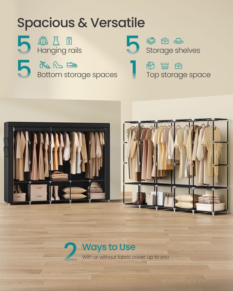 Wardrobe Closet with Non-Woven Cover – Storage Organizer with Rods and Compartments