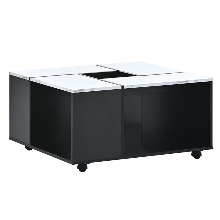 Modern 2-layer Coffee Table with Casters, Square Cocktail Table with Removable Tray，UV High-gloss Marble Design Center Table for Living Room