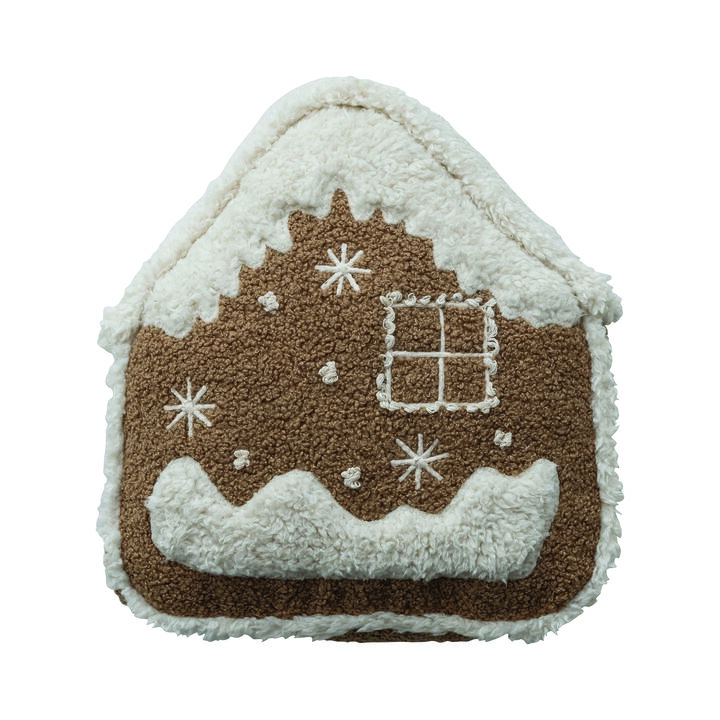 Woven Fabric Boucle and Faux Sherpa Gingerbread House Shaped Pillow with Embroidery, Brown and Natural